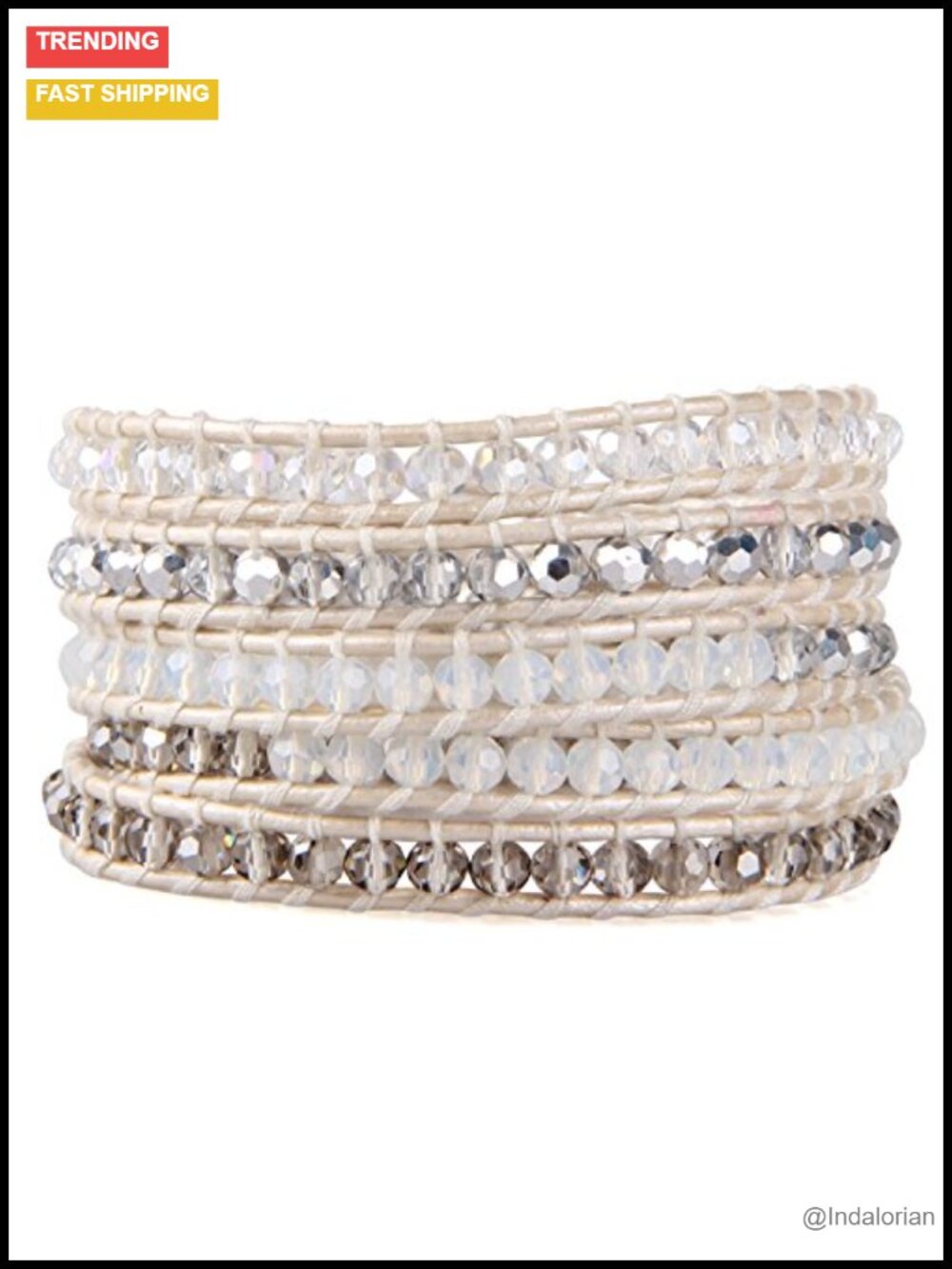 Crystal Bead Leather Wrap Bracelet 32-34 Inches